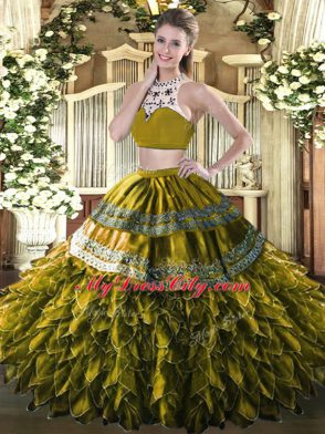 Eye-catching Sleeveless Tulle Floor Length Backless Quinceanera Dress in Olive Green with Beading and Ruffles