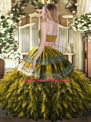 Eye-catching Sleeveless Tulle Floor Length Backless Quinceanera Dress in Olive Green with Beading and Ruffles