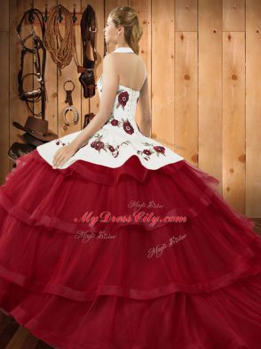 Fuchsia Ball Gowns Halter Top Sleeveless Organza Sweep Train Lace Up Embroidery and Ruffled Layers 15th Birthday Dress