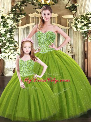 Olive Green Sleeveless Tulle Lace Up Quinceanera Gown for Military Ball and Sweet 16 and Quinceanera