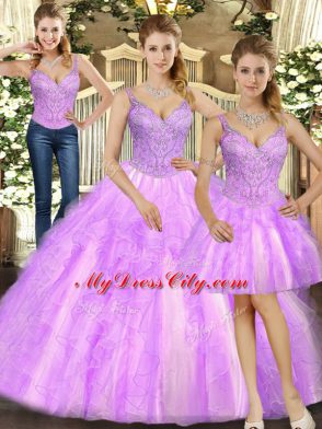 Straps Sleeveless Lace Up 15 Quinceanera Dress Lilac Organza