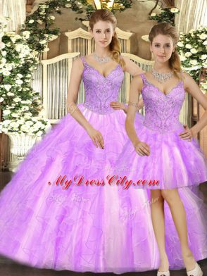 Straps Sleeveless Lace Up 15 Quinceanera Dress Lilac Organza