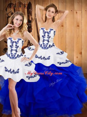 Elegant Blue Lace Up Quinceanera Dresses Embroidery and Ruffles Sleeveless Floor Length