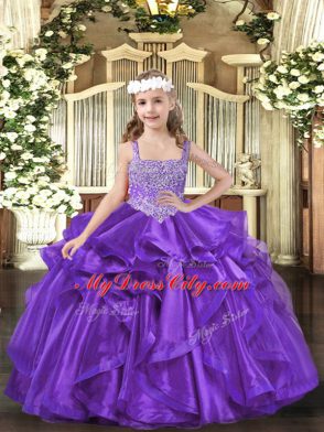 Affordable Purple Lace Up Straps Beading and Ruffles Little Girls Pageant Dress Organza Sleeveless