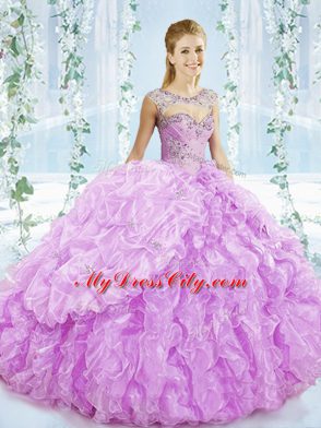 Super Sleeveless Beading and Ruffles Lace Up Ball Gown Prom Dress with Lilac Brush Train