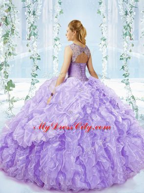 Super Sleeveless Beading and Ruffles Lace Up Ball Gown Prom Dress with Lilac Brush Train