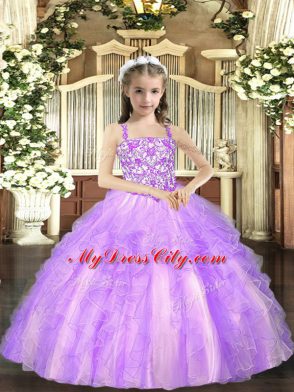 High Class Lavender Lace Up Child Pageant Dress Beading and Ruffles Sleeveless Floor Length