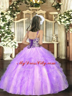 High Class Lavender Lace Up Child Pageant Dress Beading and Ruffles Sleeveless Floor Length