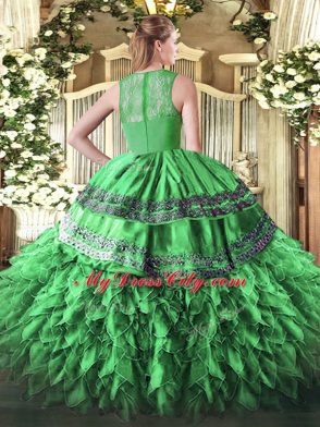 Sleeveless Organza Floor Length Zipper Quinceanera Gown in Olive Green with Beading and Lace and Ruffles