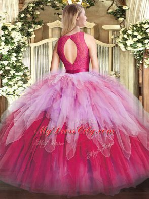 Sleeveless Organza Floor Length Zipper Quinceanera Gown in Multi-color with Ruffles