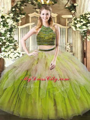 Tulle Halter Top Sleeveless Lace Up Beading and Ruffles Quinceanera Gown in Multi-color