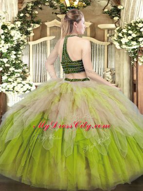 Tulle Halter Top Sleeveless Lace Up Beading and Ruffles Quinceanera Gown in Multi-color