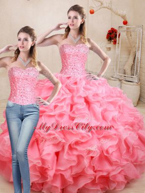 Sweetheart Sleeveless Organza Quinceanera Dresses Beading and Ruffles Lace Up