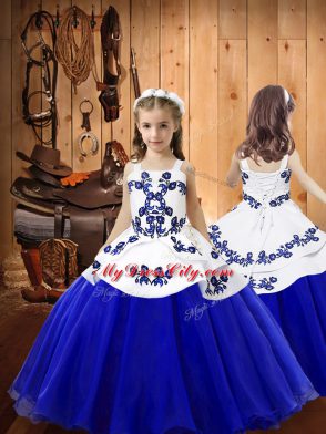 Straps Sleeveless Child Pageant Dress Floor Length Embroidery Blue Organza