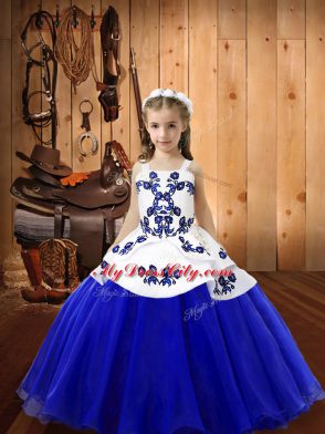 Straps Sleeveless Child Pageant Dress Floor Length Embroidery Blue Organza