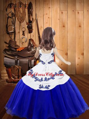 Straps Sleeveless Child Pageant Dress Floor Length Embroidery Blue Organza