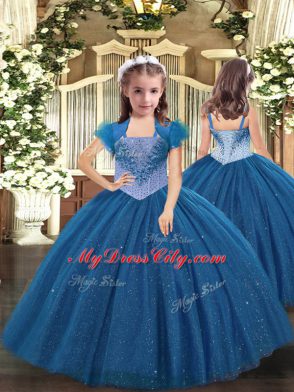 Latest Floor Length Teal Quince Ball Gowns Tulle Sleeveless Beading