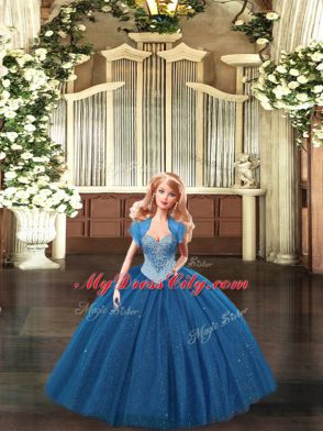 Latest Floor Length Teal Quince Ball Gowns Tulle Sleeveless Beading