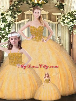 Perfect Sleeveless Floor Length Beading Lace Up Vestidos de Quinceanera with Gold