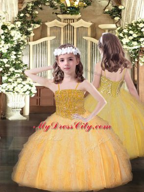 Perfect Sleeveless Floor Length Beading Lace Up Vestidos de Quinceanera with Gold