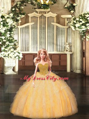 Perfect Sleeveless Floor Length Beading Lace Up Vestidos de Quinceanera with Gold