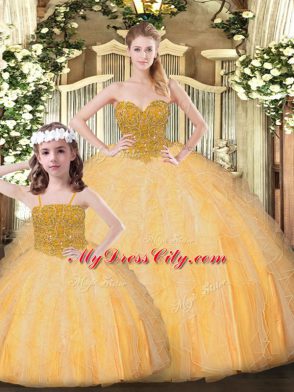 Perfect Sleeveless Floor Length Beading Lace Up Vestidos de Quinceanera with Gold