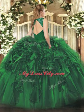 Stunning Olive Green Backless Sweet 16 Quinceanera Dress Beading and Lace and Ruffles Sleeveless Floor Length