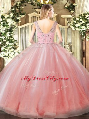 Comfortable Beading and Ruffles 15 Quinceanera Dress Peach Zipper Sleeveless Floor Length