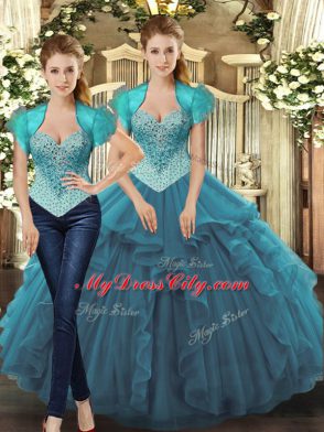 Teal Lace Up Sweet 16 Dress Beading and Ruffles Sleeveless Floor Length