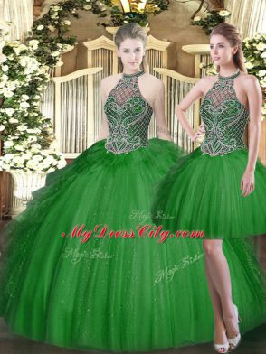 Customized Tulle High-neck Sleeveless Lace Up Beading and Ruffles Vestidos de Quinceanera in Dark Green