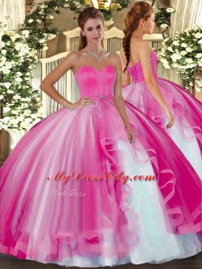 Eye-catching Sweetheart Sleeveless Lace Up Quince Ball Gowns Hot Pink Tulle