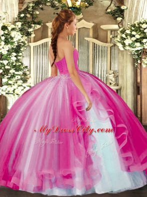 Eye-catching Sweetheart Sleeveless Lace Up Quince Ball Gowns Hot Pink Tulle