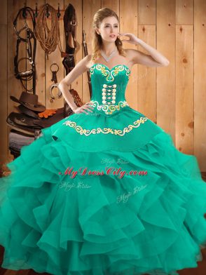 Wonderful Satin and Organza Sleeveless Floor Length Vestidos de Quinceanera and Embroidery and Ruffles