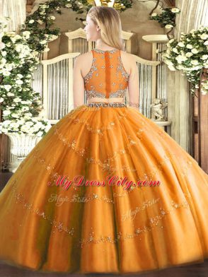 Orange Zipper Scoop Beading Vestidos de Quinceanera Tulle Sleeveless