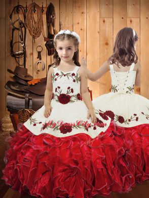 Floor Length Ball Gowns Sleeveless Red Little Girl Pageant Dress Lace Up