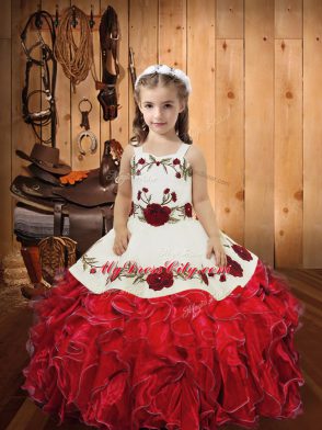 Floor Length Ball Gowns Sleeveless Red Little Girl Pageant Dress Lace Up