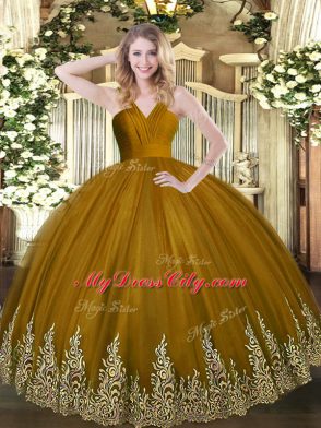 Brown Ball Gowns Appliques Vestidos de Quinceanera Zipper Tulle Sleeveless Floor Length