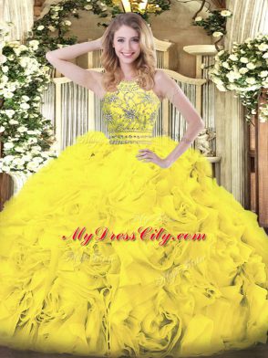 Gold Zipper Vestidos de Quinceanera Beading and Ruffles Sleeveless Floor Length