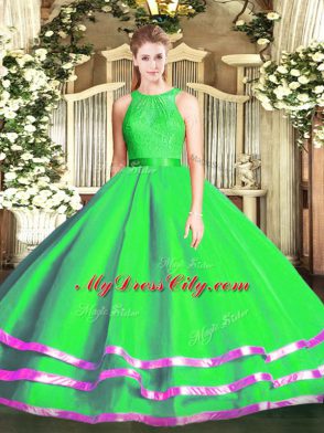 Trendy Green Ball Gowns Scoop Sleeveless Tulle Floor Length Zipper Lace Vestidos de Quinceanera