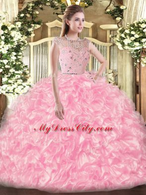 Fashionable Rose Pink Zipper Bateau Beading and Ruffles Quinceanera Dresses Tulle Sleeveless