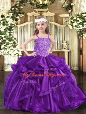 Straps Sleeveless Lace Up Little Girl Pageant Dress Purple Organza