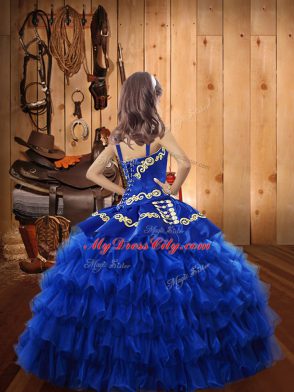 Customized Rust Red Ball Gowns Organza Straps Sleeveless Embroidery and Ruffled Layers Floor Length Lace Up Girls Pageant Dresses