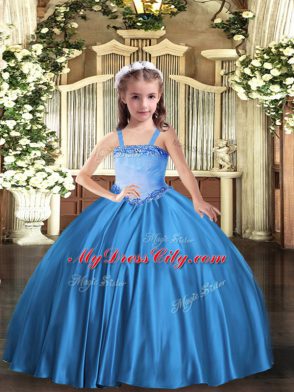 Hot Sale Baby Blue Sleeveless Floor Length Appliques Lace Up Pageant Dress Toddler