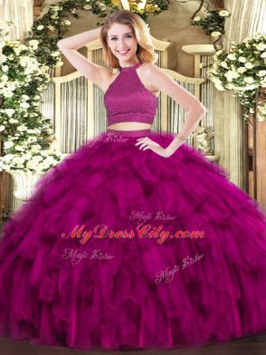 Fuchsia Ball Gowns Organza Halter Top Sleeveless Beading and Ruffles Floor Length Backless Quinceanera Gown