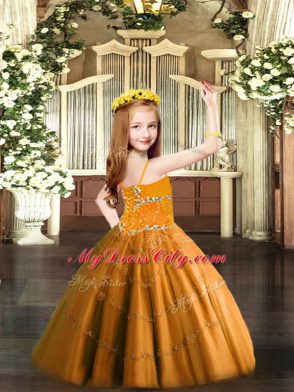 Baby Blue Tulle Lace Up Spaghetti Straps Sleeveless Floor Length Child Pageant Dress Beading