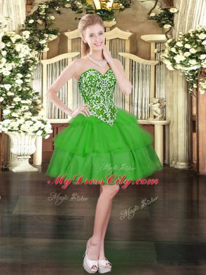 Custom Fit Sweetheart Sleeveless Sweet 16 Quinceanera Dress Floor Length Beading and Ruffled Layers Green Tulle