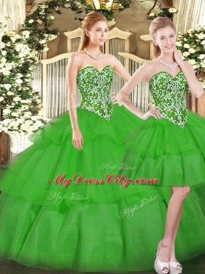 Custom Fit Sweetheart Sleeveless Sweet 16 Quinceanera Dress Floor Length Beading and Ruffled Layers Green Tulle