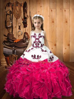 Sleeveless Floor Length Embroidery and Ruffles Lace Up Pageant Gowns For Girls with Hot Pink