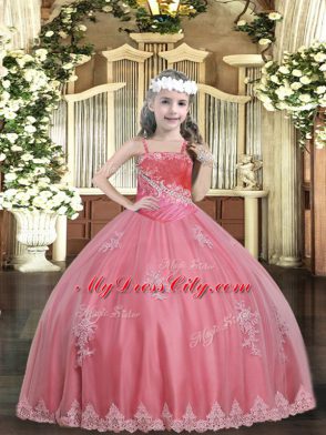 Watermelon Red Lace Up Pageant Gowns For Girls Appliques Sleeveless Floor Length