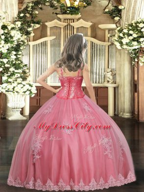 Watermelon Red Lace Up Pageant Gowns For Girls Appliques Sleeveless Floor Length